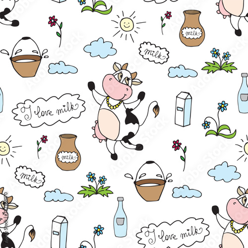 Seamless pattern with cow and various milk packages on white background. Happy cows and dairy products, texture wallpaper.