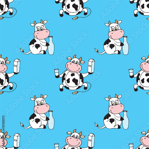 Seamless pattern with cow with milk package and glass on blue background. Happy cows and dairy products, texture wallpaper. Hand drawn design with funny domestic animal.