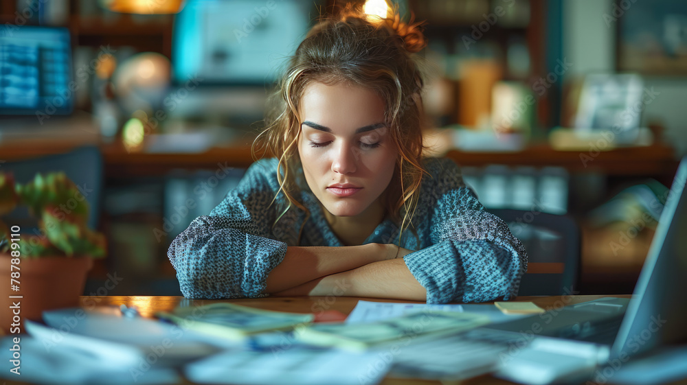 Exhausted nonprofit director at desk, head bowed, with thought bubbles of donor checks, computers, and job ads.generative ai