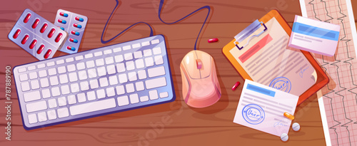 Doctor workplace top view. Vector cartoon illustration of computer keyboard and mouse on wooden desk, blister with pills and tablets, paper prescriptions, medical records on table, healthcare services