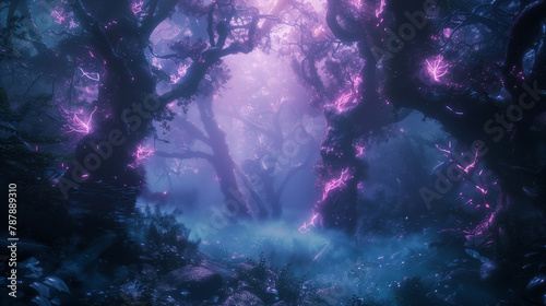 An enchanted forest with neon-lit trees, ethereal fog, and mystical creatures lurking, fantasy art style