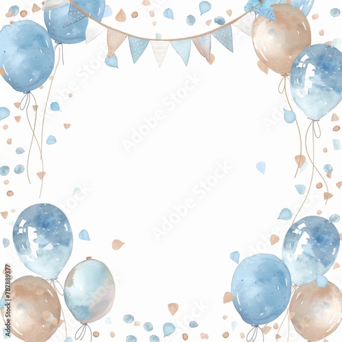 A watercolor painting of a frame made of blue and brown balloons with a white background.