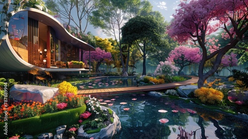 A futuristic home, it is very advanced in appearance, there is a lush green pond around it, and there are colorful flowers and gardens, there is also a futuristic swing bridge, a Future city images photo