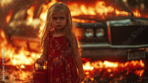 little girl holding a red gas can, devilishly smirking, standing in front of a stretch limousine in full conflagration, tires on fire, burning all over,generative ai photo