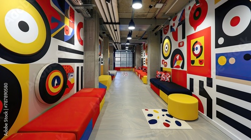 A colorful hallway with a lot of different colored furniture