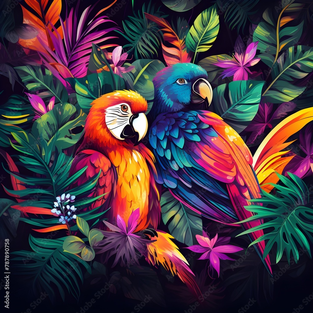 Neon Jungle: Neon-colored jungle leaves and animals for a vibrant look