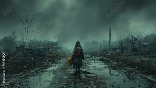 a small girl, with a determined expression, she is walking down a desolate road, clutching a Teddy bear, under a heavy sky,generative ai