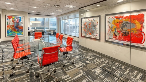 A conference room with a glass table and red chairs
