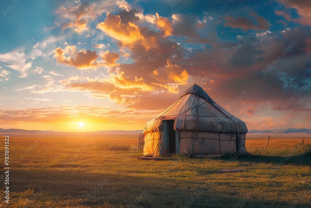 Nomadic yurt at sunset in central Asia grass field