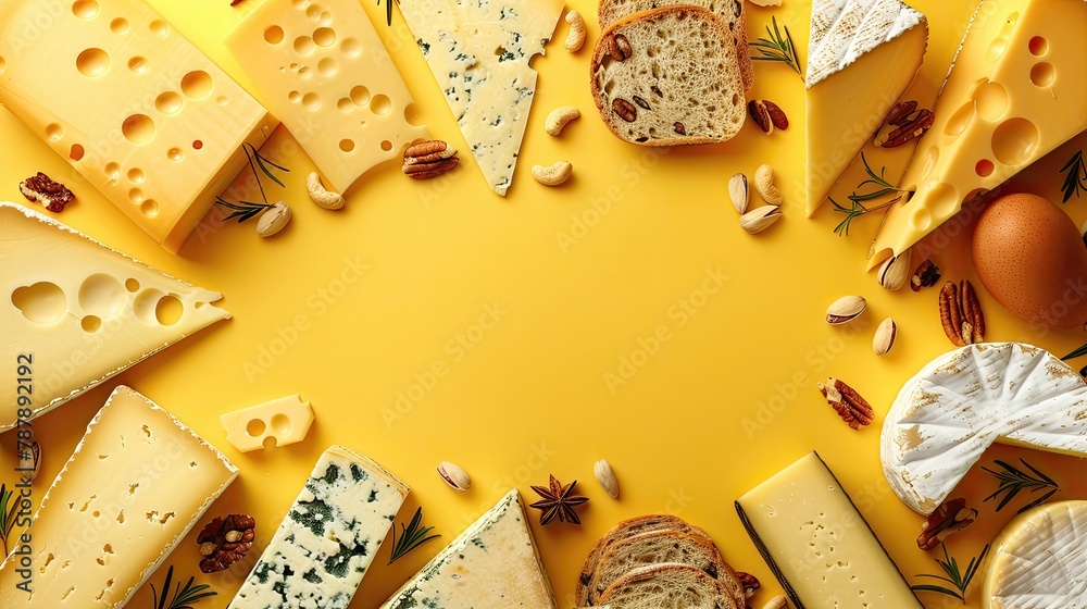 A yellow background with a variety of cheeses and bread A yellow background with a variety of cheeses and bread
