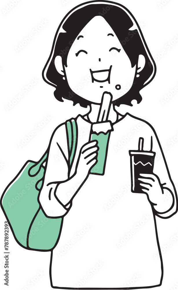 食べ歩きをする女性単色 食べ歩きをする女性単色