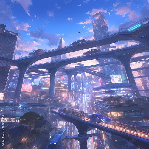 Brightly Lit Urban Jungle with Hover Cars and Bridges