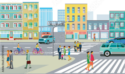 Stadtsilhouette einer Stadt mit Verkehrs und Menschen illustration