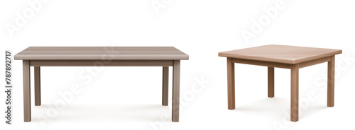 Wooden tables set isolated on white background. Vector realistic illustration of home or restaurant kitchen interior design furniture, office desk mockup made of natural wood, light brown oak tabletop