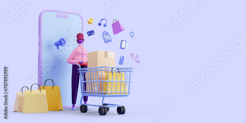 3D illustration of a cartoon woman pushing a shopping cart. Online shopping concept. Isolated on purple background.
