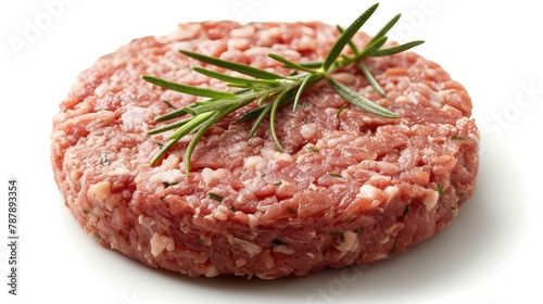 A meat patty with a sprig of rosemary on top