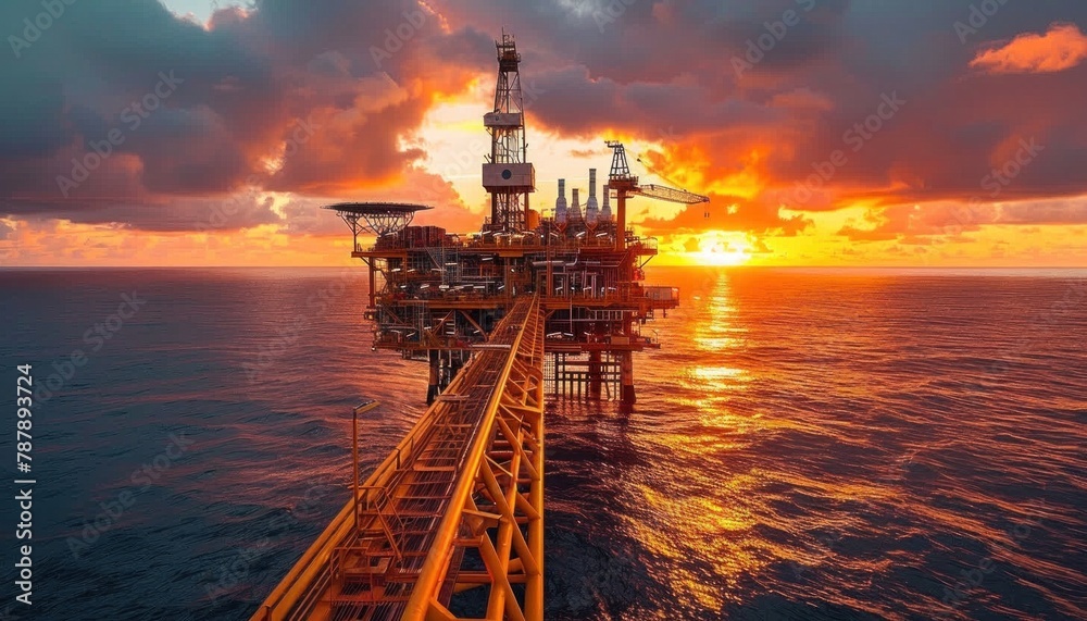 Offshore drilling rig in ocean at sunset, with boat on water