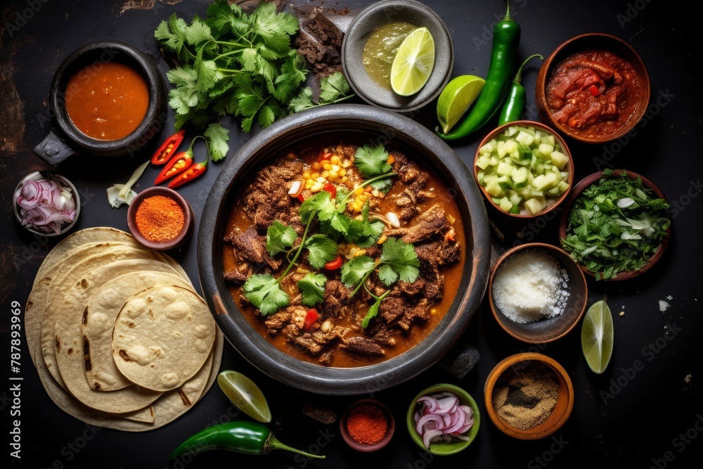 
Overhead shot of a traditional Mexican molcajete, filled with a bubbling hot stew of tender meats, cactus, and flavorful spices, served with warm tortillas for dipping
