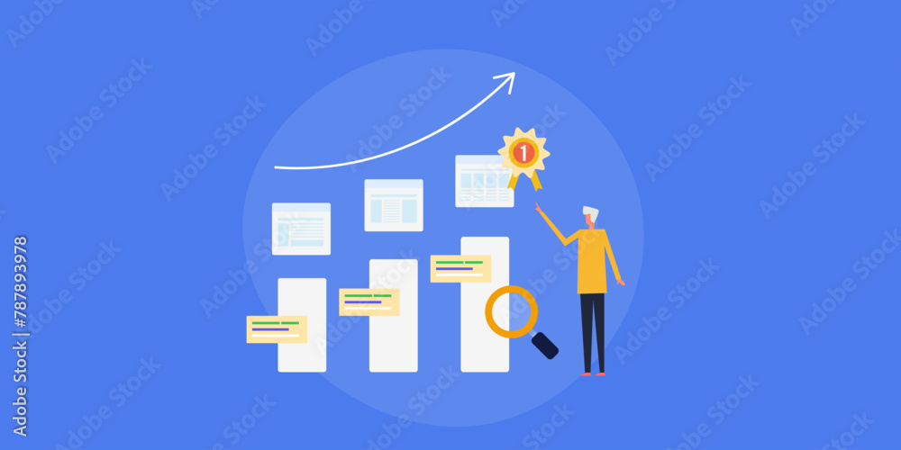 Digital marketing expert people analysing website SEO ranking and online traffic graph arrow, conceptual vector illustration.