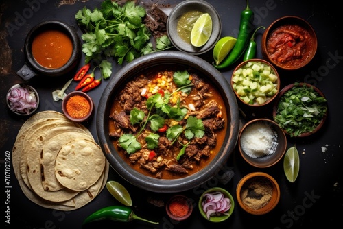  Overhead shot of a traditional Mexican molcajete, filled with a bubbling hot stew of tender meats, cactus, and flavorful spices, served with warm tortillas for dipping