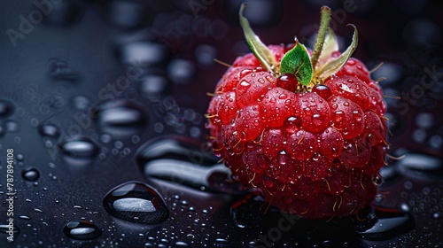 A raspberry is sitting on top of water droplets. photo