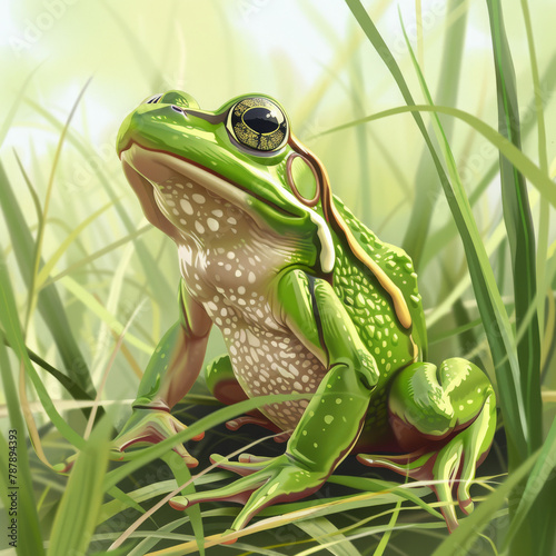 illustration Hyla arborea, sitting on grass straw with clear green background. Nice green amphibian in nature habitat. Wild frog on meadow near the river, habitat