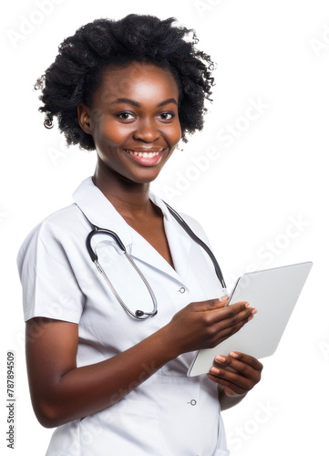 PNG African american woman nurse holding a tablet smiling doctor white background © Rawpixel.com