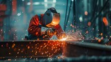 A welder at work on a construction site, welding a beam with precision The sparks and intense light from the welding process illuminate the scene, AI Generative