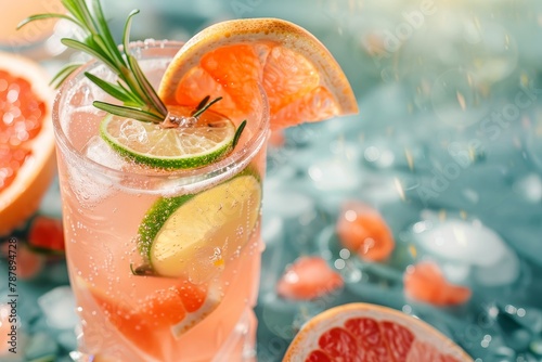 Mocktail Paloma with grapefruit soda lime garnish and rosemary on colorful background Close up shot Vertical orientation