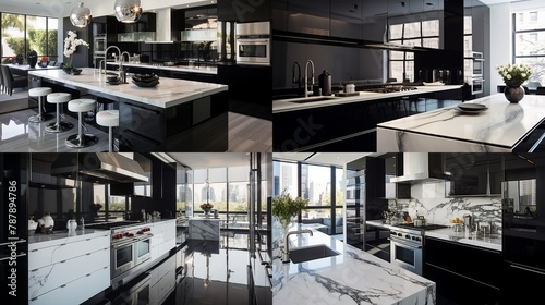 A sleek black and white kitchen with high gloss cabinets, marble countertops, and stainless steel appliances.