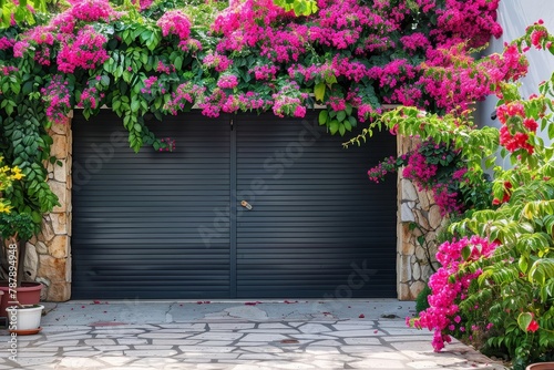 Modern garage door in private yard with flowers roller door with handle