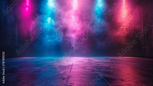 Background of an empty stage, neon lights and laser show illuminating the darkness, abstract interpretation, AI Generative