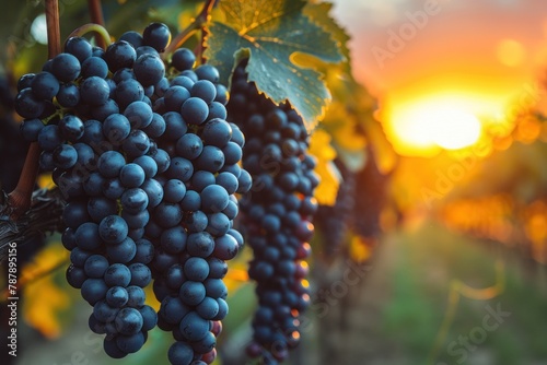 A magical sunset over a vineyard strewn with ripe bunches of delicious grapes