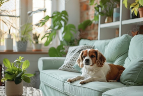Modern Scandinavian living room with mint sofa coffee table plants accessories and adorable dog on sofa
