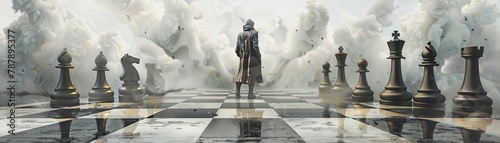 A huge chessboard scene with a figure dressed in fashionable clothes, the strategic patterns highlighted in a C4D rendering against a white background no clor splash photo