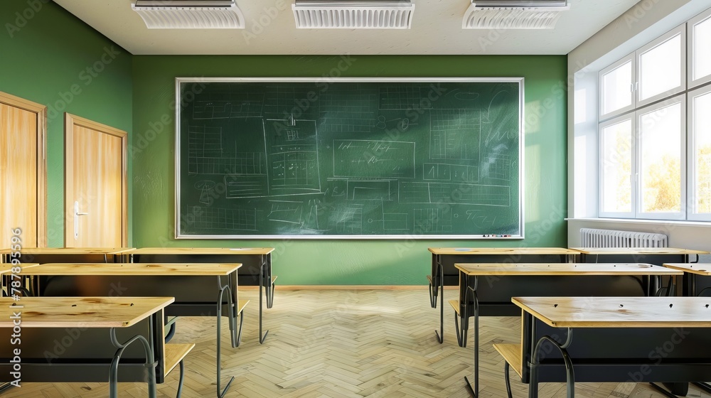 A classroom with wooden desks and green walls.