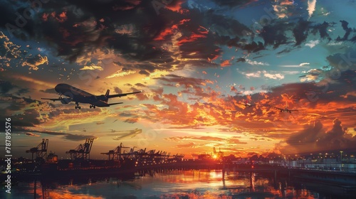 A dynamic visual montage showcasing diverse transportation modes, including air cargo, sea freight, and over-the-road trucking against a vivid sunset.