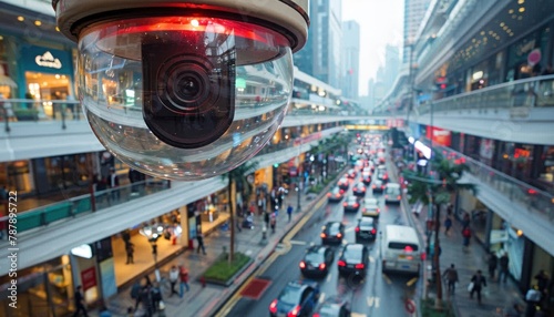 Security camera watching over a bustling city street photo