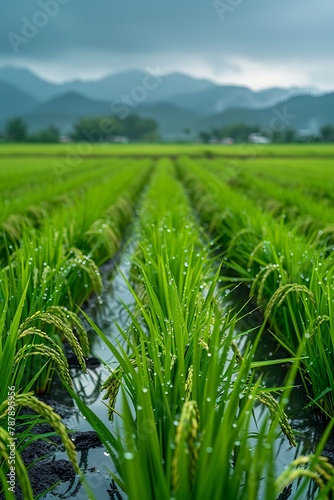 A field of rice with water droplets on it.