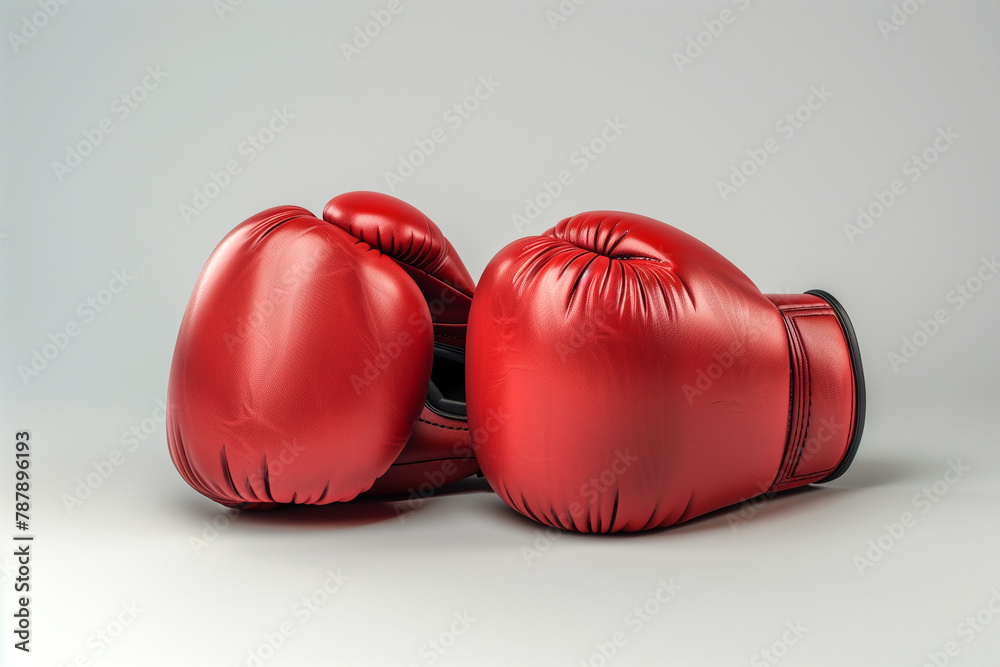Two red boxing gloves are placed on a white background