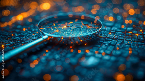Magnifying glass on electronic circuit board with bokeh lights