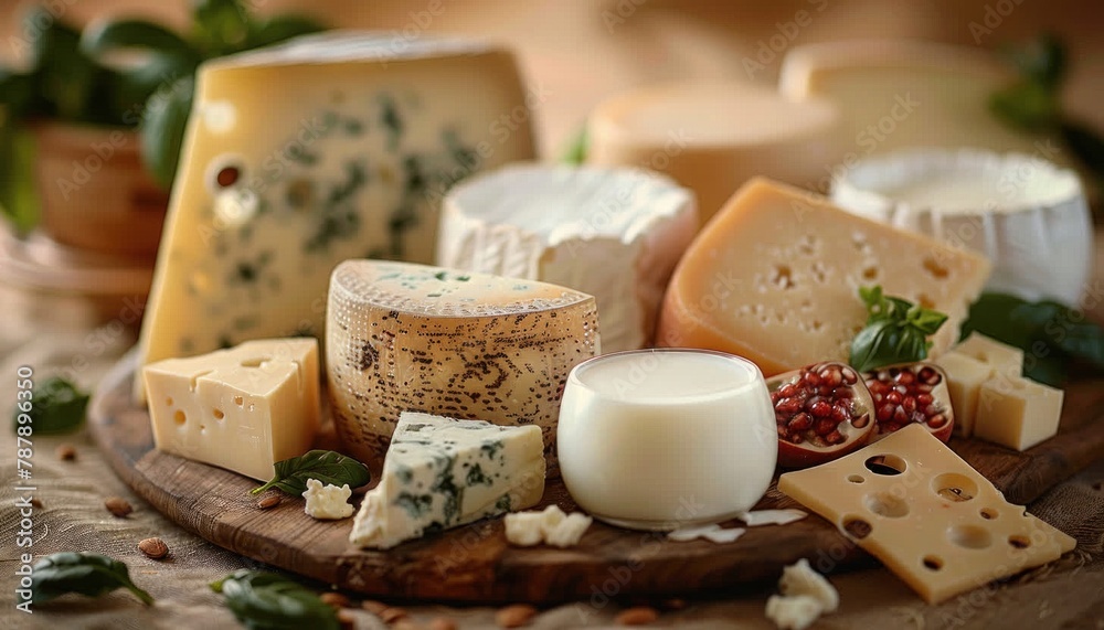 Food display of cheeses and milk on wooden cutting board