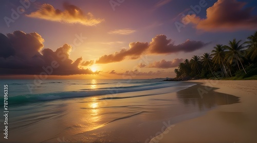Summer holiday season Tropical exotic beach sunset ocean .Generative AI © adan
