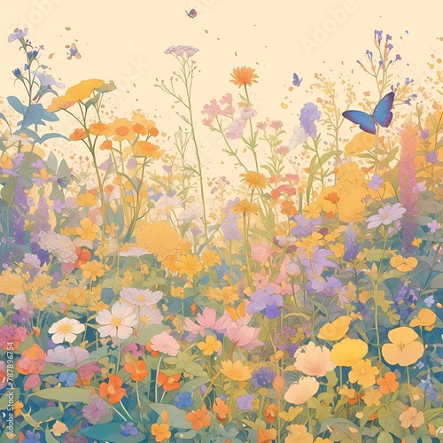 Enjoy a Wholesome Escape with This Charming Garden Illustration Featuring an Abundance of Blossoms and Butterflies © RobertGabriel