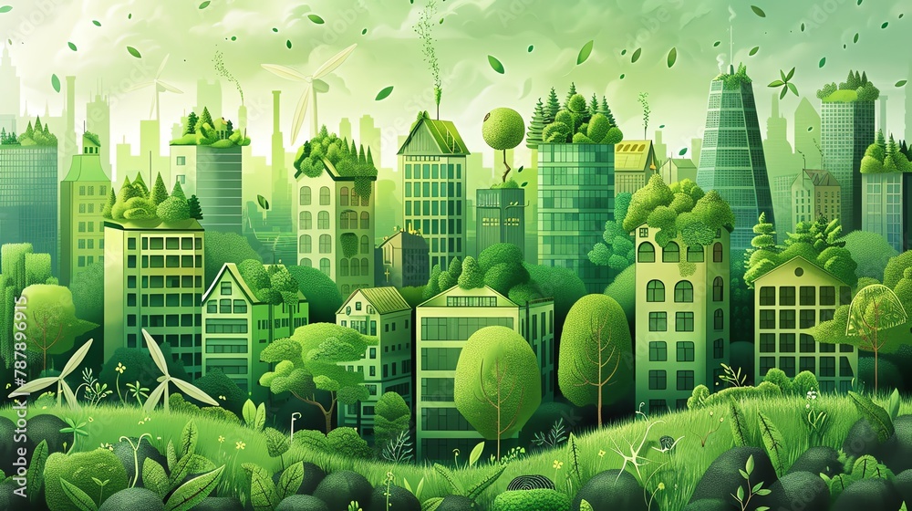 Green Cityscape Illustrate a vector thumbnail of a green and ...