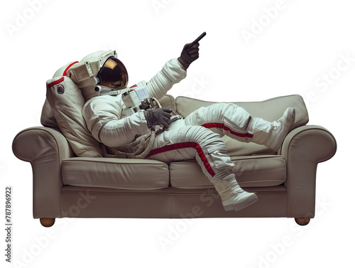 AI generated image, Astronaut sitting on sofa holding TV remote, watching TV, relaxing PNG transparent, isolated on transparent background