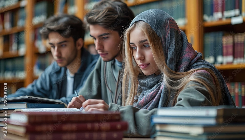 Young people sharing fun and art at a table, sitting, studying in a library Young people sharing fun and art at a table, sitting, studying in a library