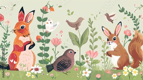 Springtime Wildlife Create a vector illustration of springtime wildlife, featuring cute animals such as rabbits, chicks, birds, and squirrels enjoying the warm weather and blooming flowers