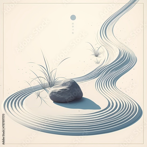 A tranquil Japanese garden with a large rock as the centerpiece, symbolizing harmony and balance.