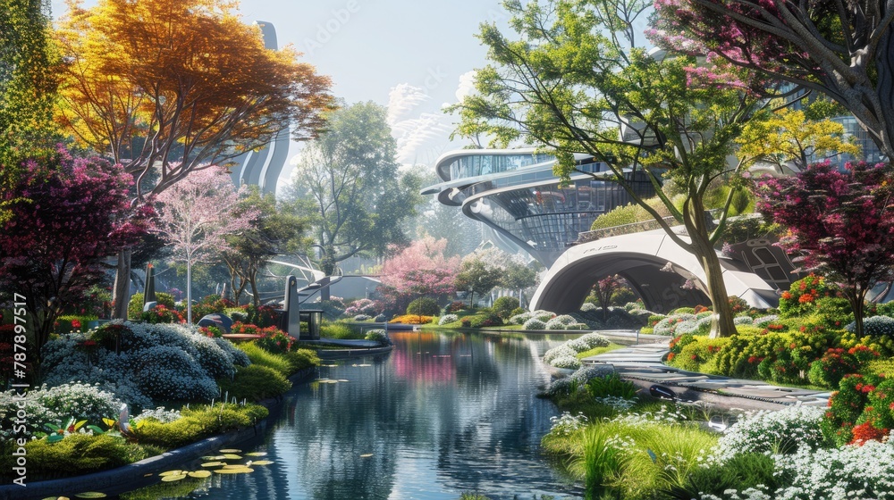 A futuristic home, it is very advanced in appearance, there is a lush green pond around it, and there are colorful flowers and gardens, there is also a futuristic swing bridge, a Future city images A futuristic home, it is very advanced in appearance, there is a lush green pond around it, and there are colorful flowers and gardens, there is also a futuristic swing bridge, a Future city images
